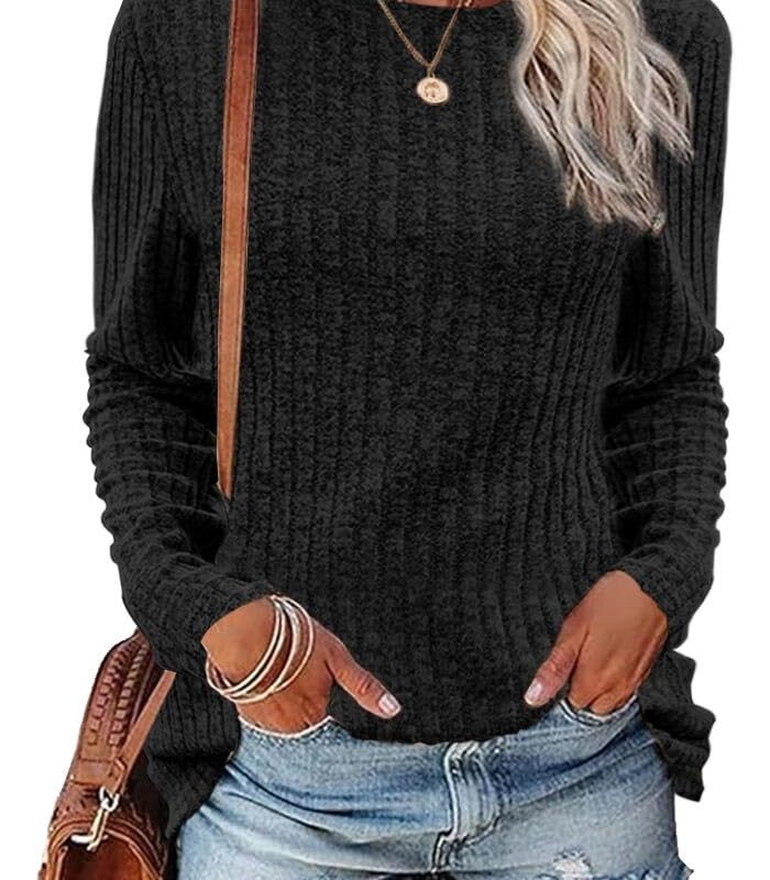 Pulover tricotat, cu maneca lunga si guler rotund, model cu nervuri, toamna / iarna, negru, L