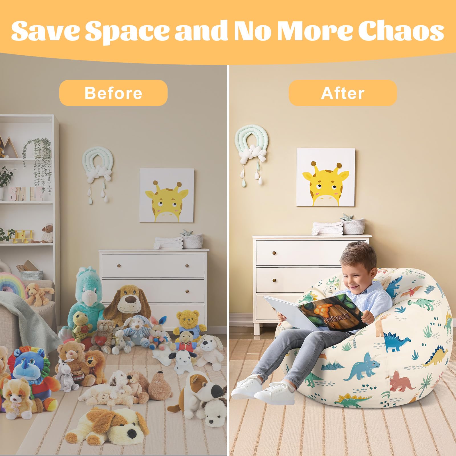 Husa pentru fotoliu tip bean bag, pentru copii, pentru depozitarea animalelor de plus, bej, printuri cu dinozauri - imagine 2