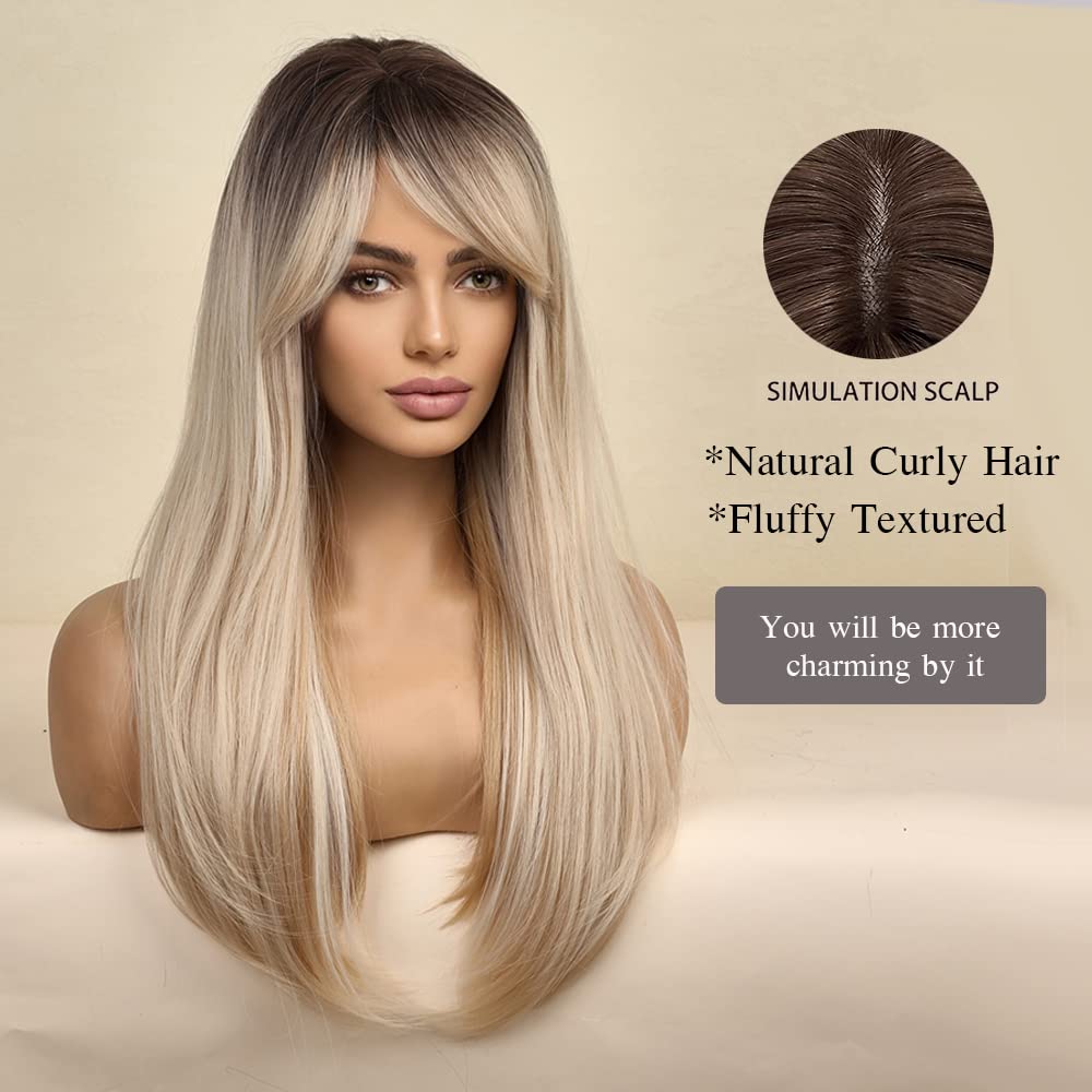 Peruca blonda, lunga, dreapta, 60 cm, cu breton, carare laterala, par sintetic, ombre - imagine 2