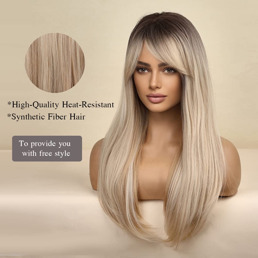 Peruca blonda, lunga, dreapta, 60 cm, cu breton, carare laterala, par sintetic, ombre - imagine 3