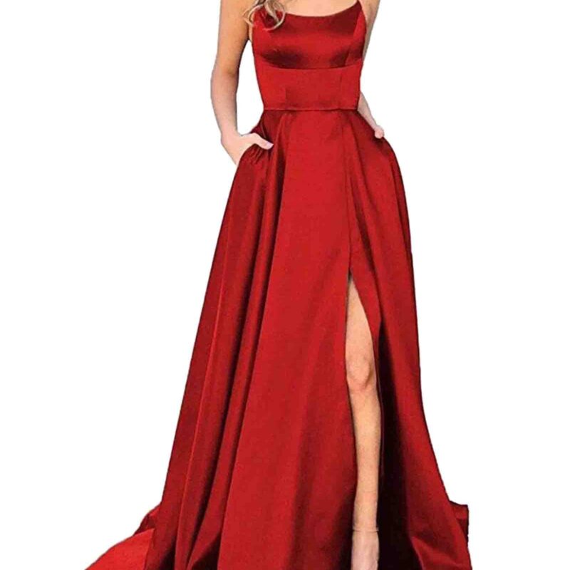 Rochie de seara, eleganta, lunga, cu buzunare, din satin, linie A, fara spate, cu bretele spaghete, rosu, M