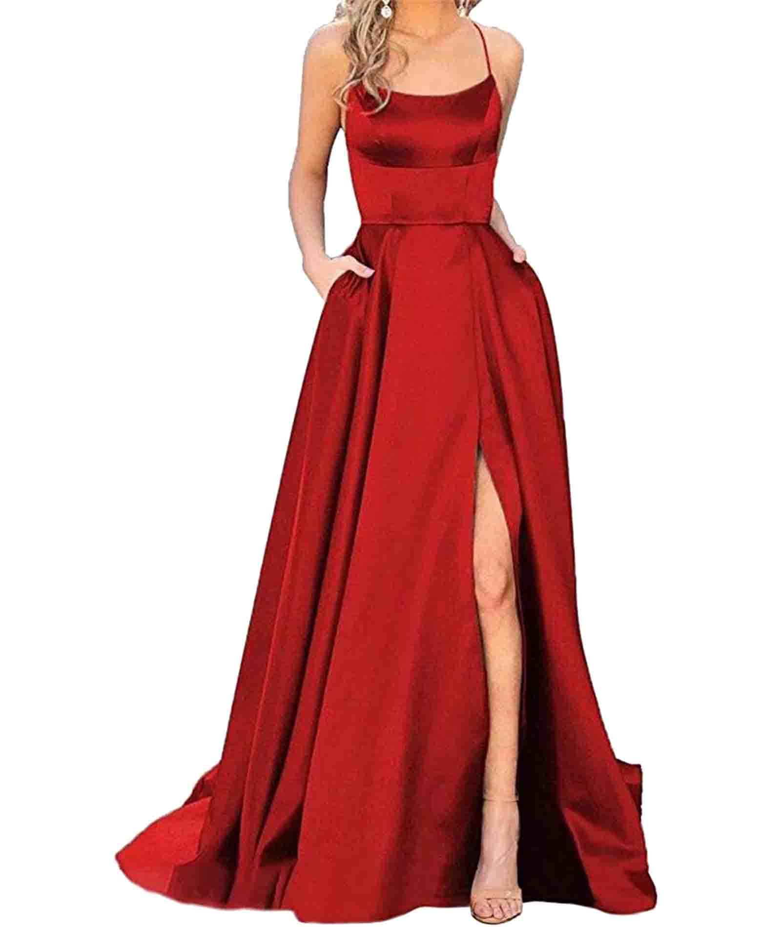 Rochie de seara, eleganta, lunga, cu buzunare, din satin, linie A, fara spate, cu bretele spaghete, rosu, M