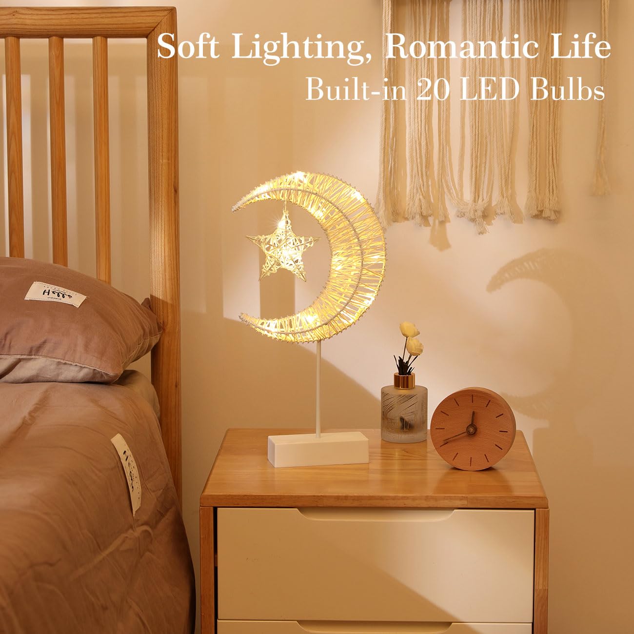 Lampa de masa, LED, decorativa, cu baterii, luna si stea, alb - imagine 2