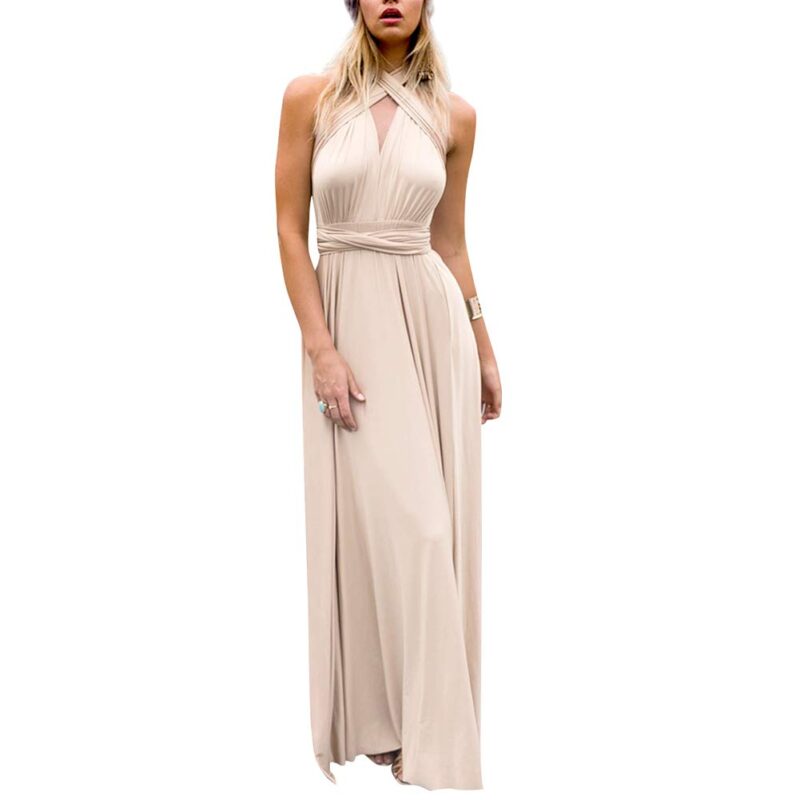 Rochie maxi sexy, eleganta, cu decolteu in V, fara maneci, plisata, cu umeri goi, de vara, caisa, L