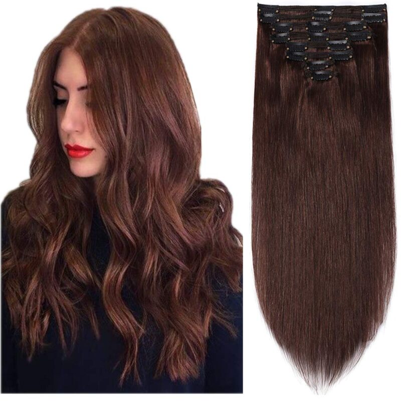 Extensii de par, 100% uman, cu clips, set dublu, drepte, rezistente la caldura, 50 cm, 150 g, maro mediu
