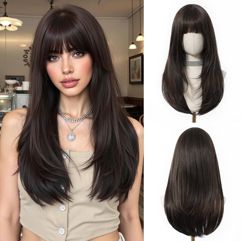 Peruca blonda lunga, dreapta, cu breton, par sintetic, pentru femei, 60cm