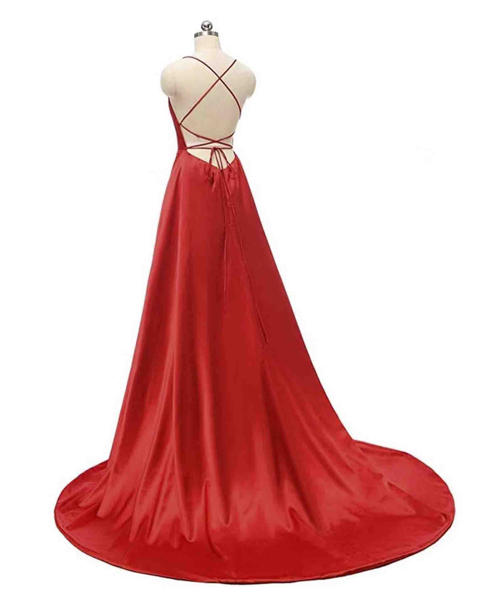 Rochie de seara, eleganta, lunga, cu buzunare, din satin, linie A, fara spate, cu bretele spaghete, rosu, M - imagine 5