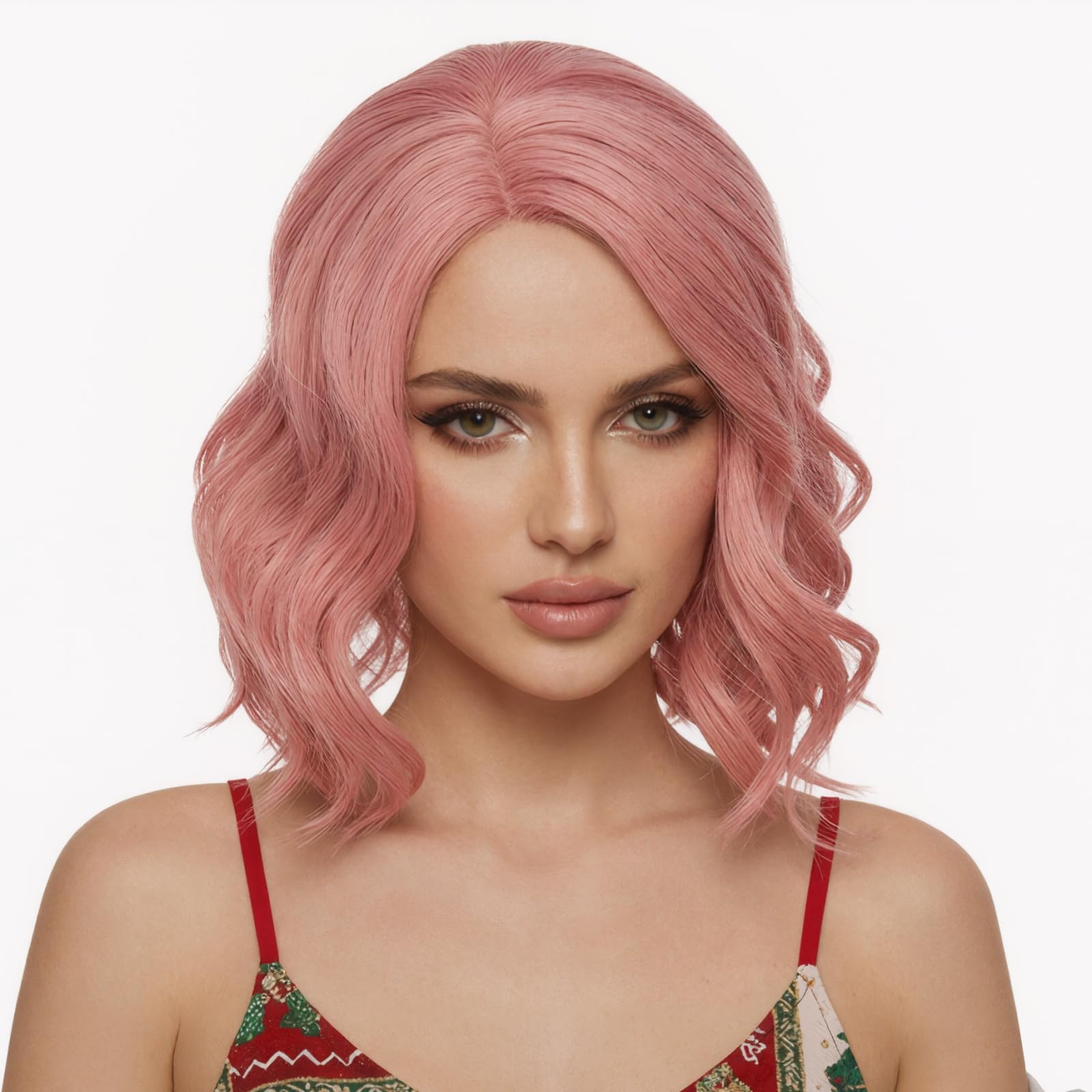 Peruca scurta, ondulata, pentru femei, sintetica, carare laterala, roz, 35cm - imagine 2