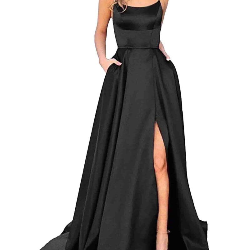 Rochie de bal lunga, eleganta, cu buzunare, din satin, linie A, bretele spaghete, negru, S