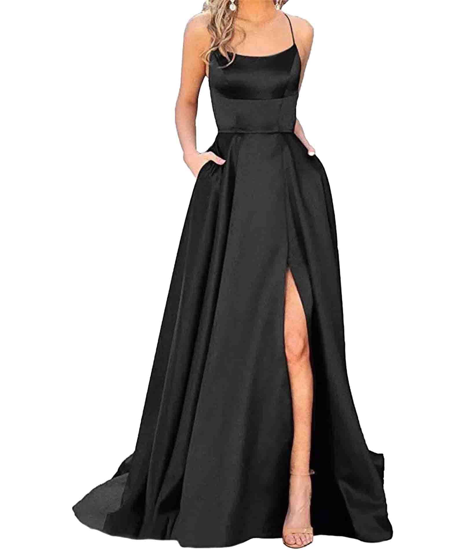 Rochie de bal lunga, eleganta, cu buzunare, din satin, linie A, bretele spaghete, negru, S