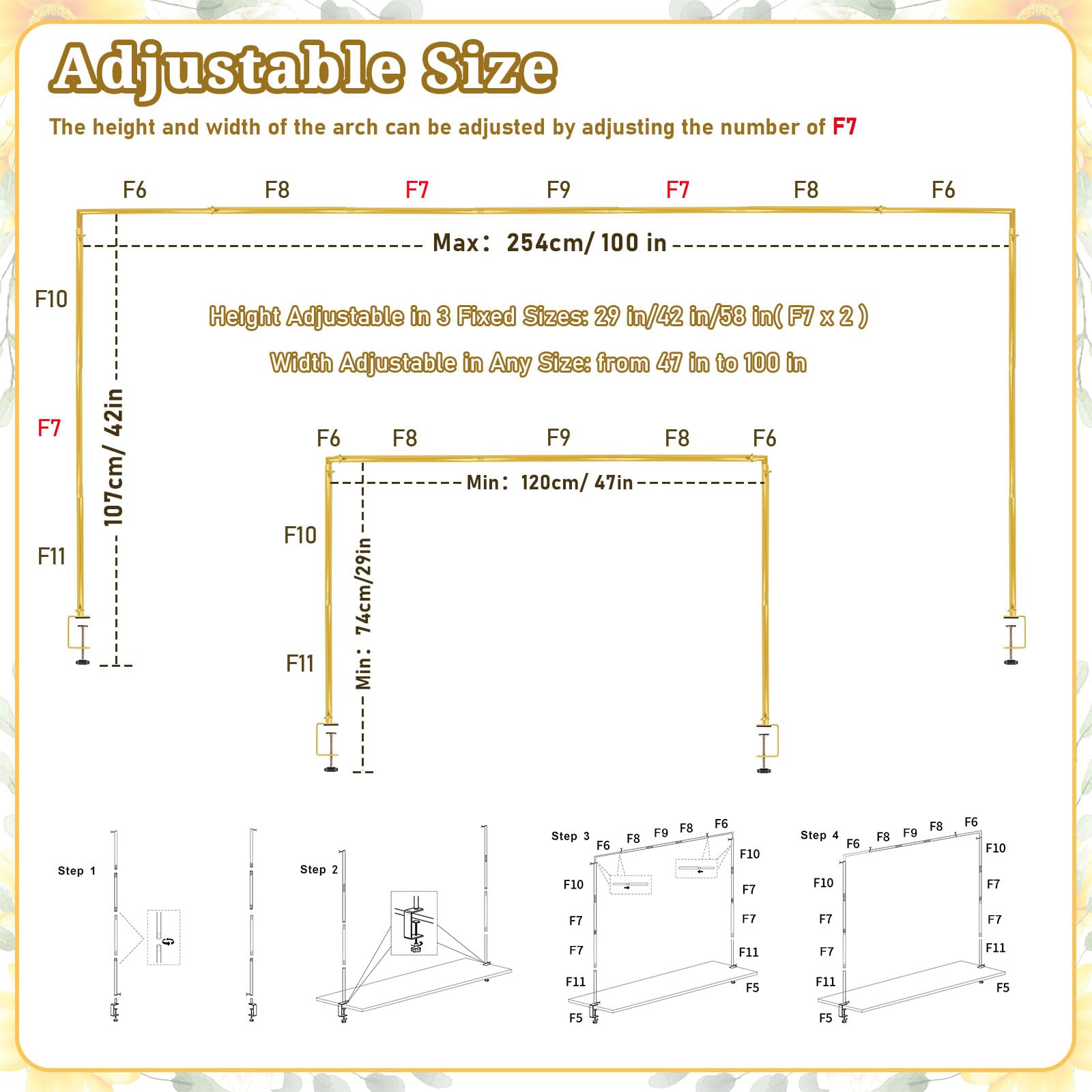 Arcada decorativa cu cleme, reglabila (120 - 254cm lungime, 74 - 147cm inaltime), metalica, pentru decorare evenimente - imagine 2
