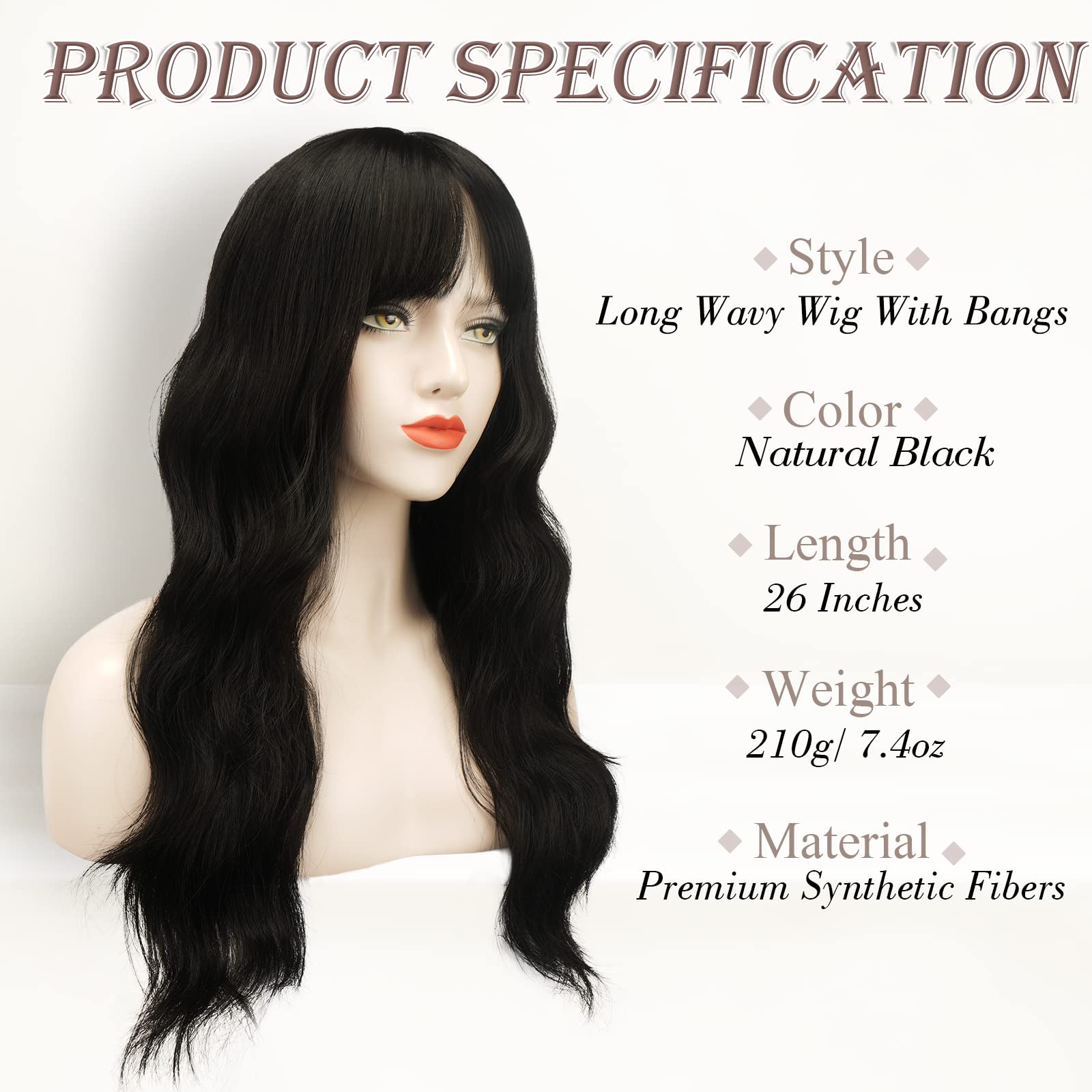 Peruca lunga, ondulata, neagra, cu breton, 66 cm, par sintetic, aspect natural - imagine 3