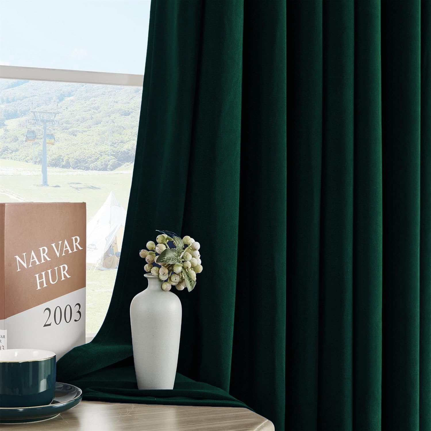 Draperii 100% opace, din catifea, cu rejansa, set de 2, 245 x 132, verde inchis, termo-protectiva - imagine 5