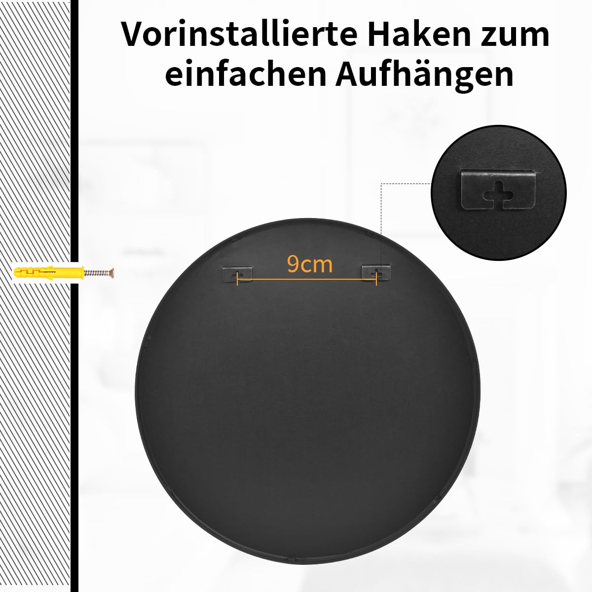 Oglinda rotunda 50cm, de perete, cu rama din aliaj de aluminiu, negru - imagine 5