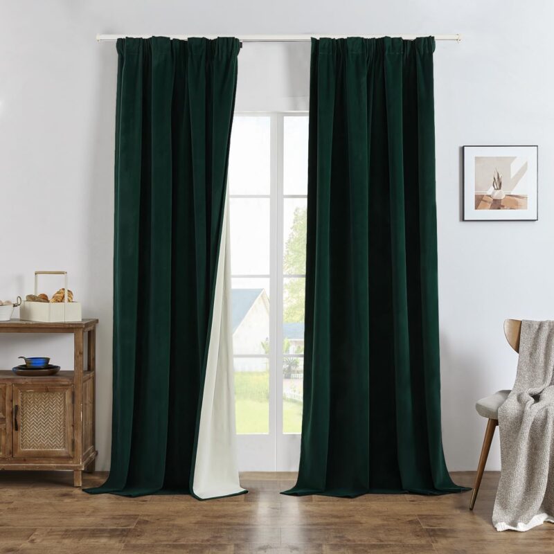 Draperii 100% opace, din catifea, cu rejansa, set de 2, 245 x 132, verde inchis, termo-protectiva