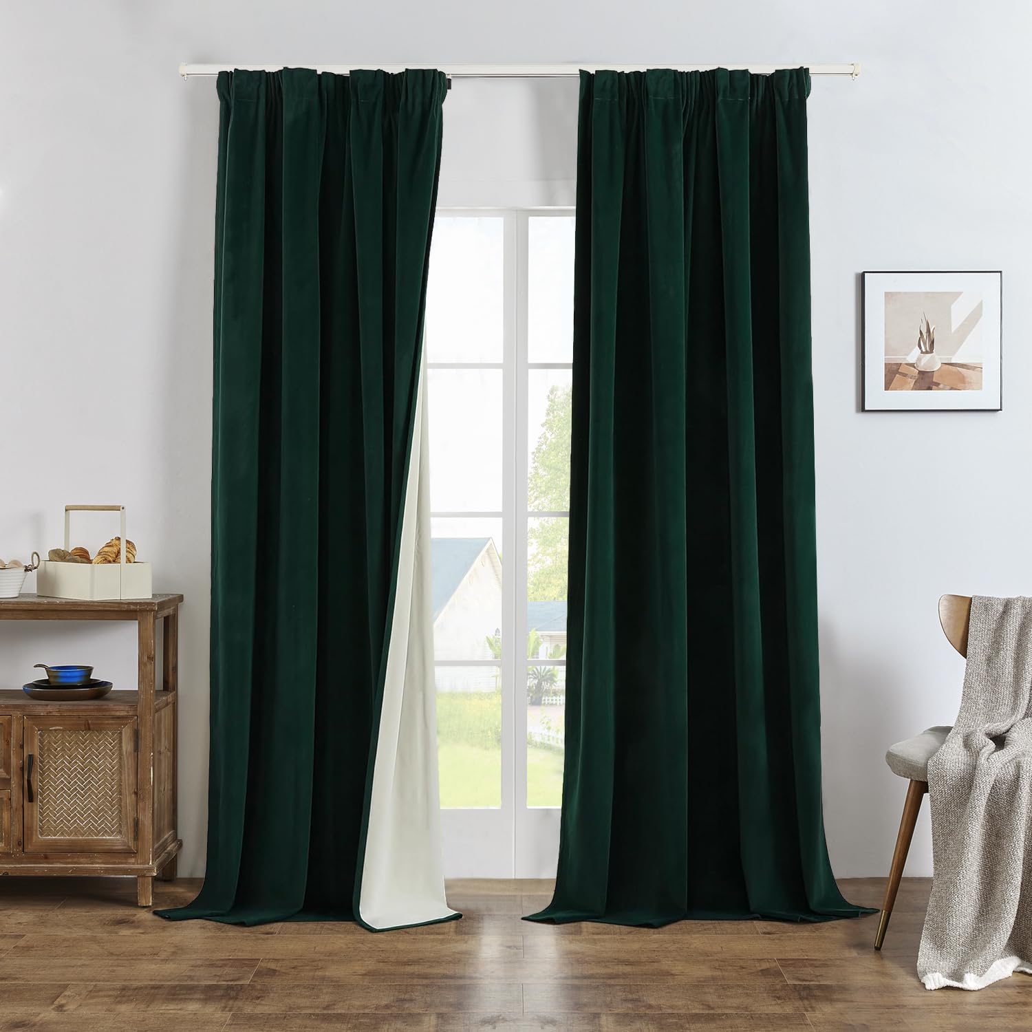 Draperii 100% opace, din catifea, cu rejansa, set de 2, 245 x 132, verde inchis, termo-protectiva