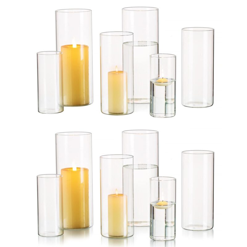 Set de 12 pahare suport pentru lumanari, cilindrice, din sticla, transparente, 3 marimi diferite