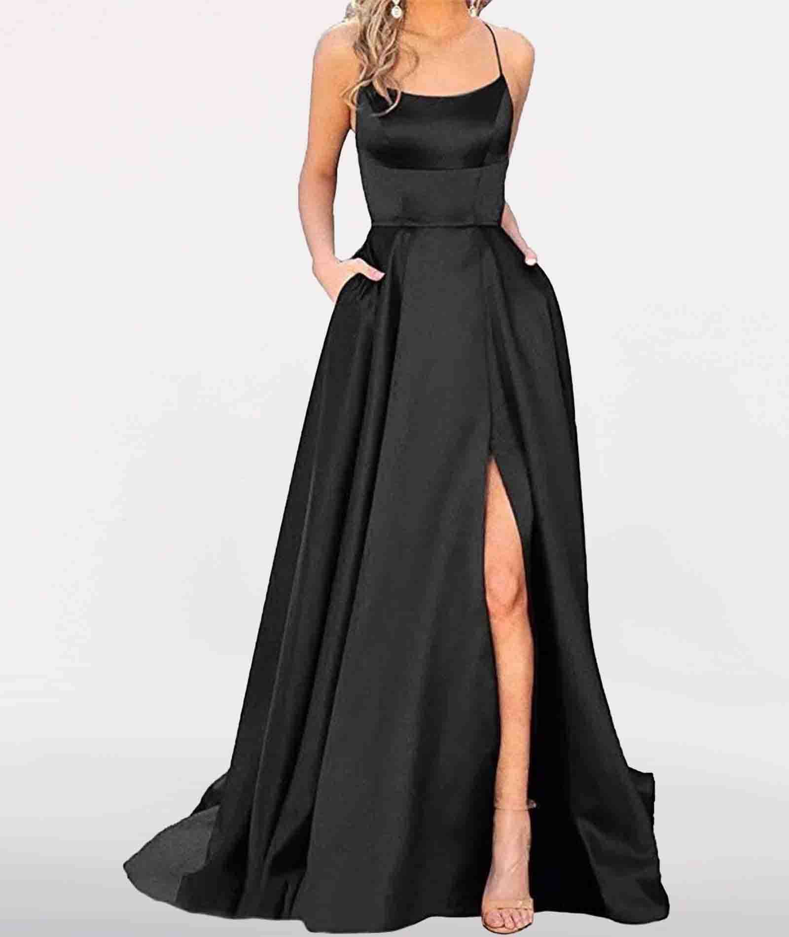 Rochie de bal lunga, eleganta, cu buzunare, din satin, linie A, bretele spaghete, negru, S - imagine 2