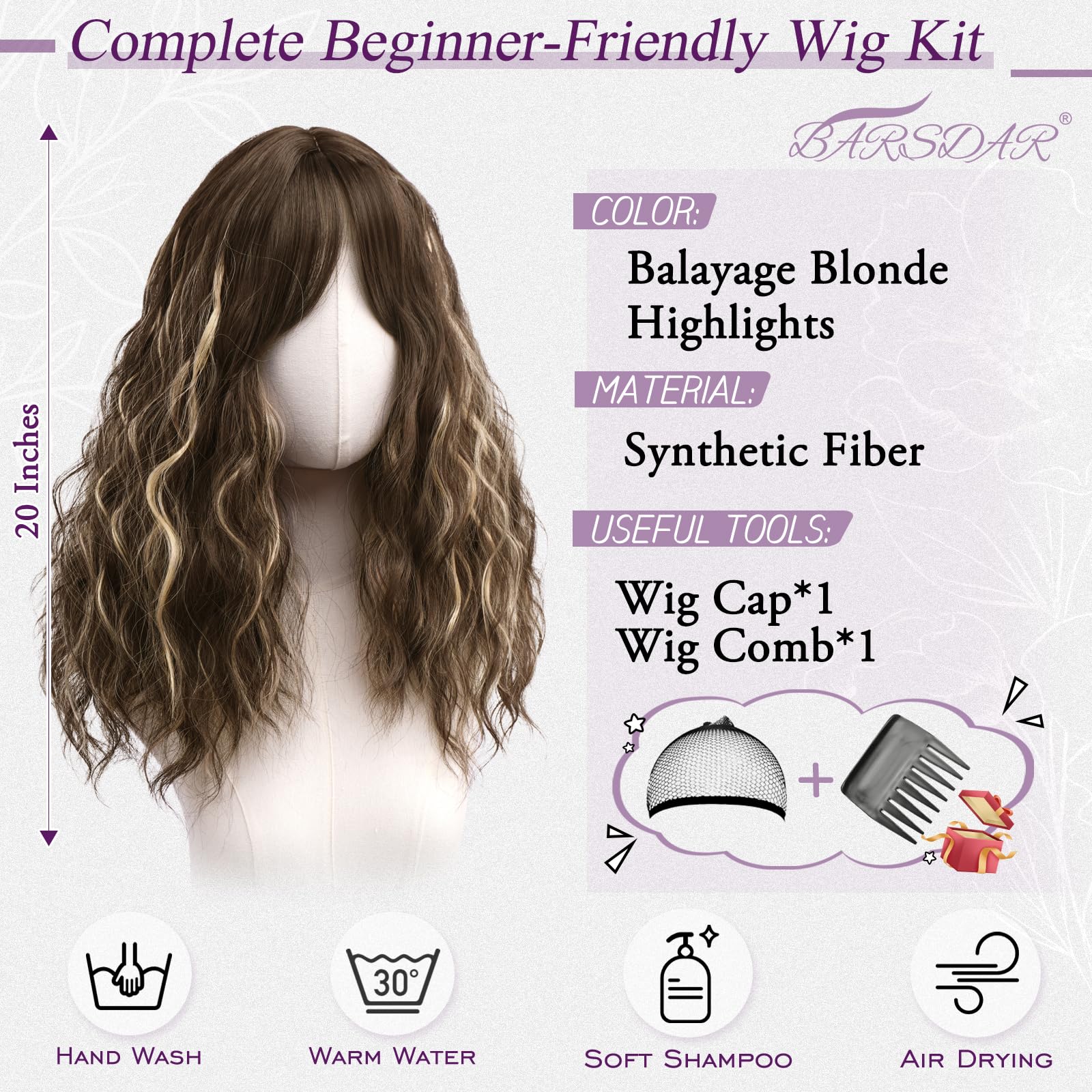 Peruca ondulata, creata, balayage, 50 cm, breton mediu, sintetica, blonda - imagine 2