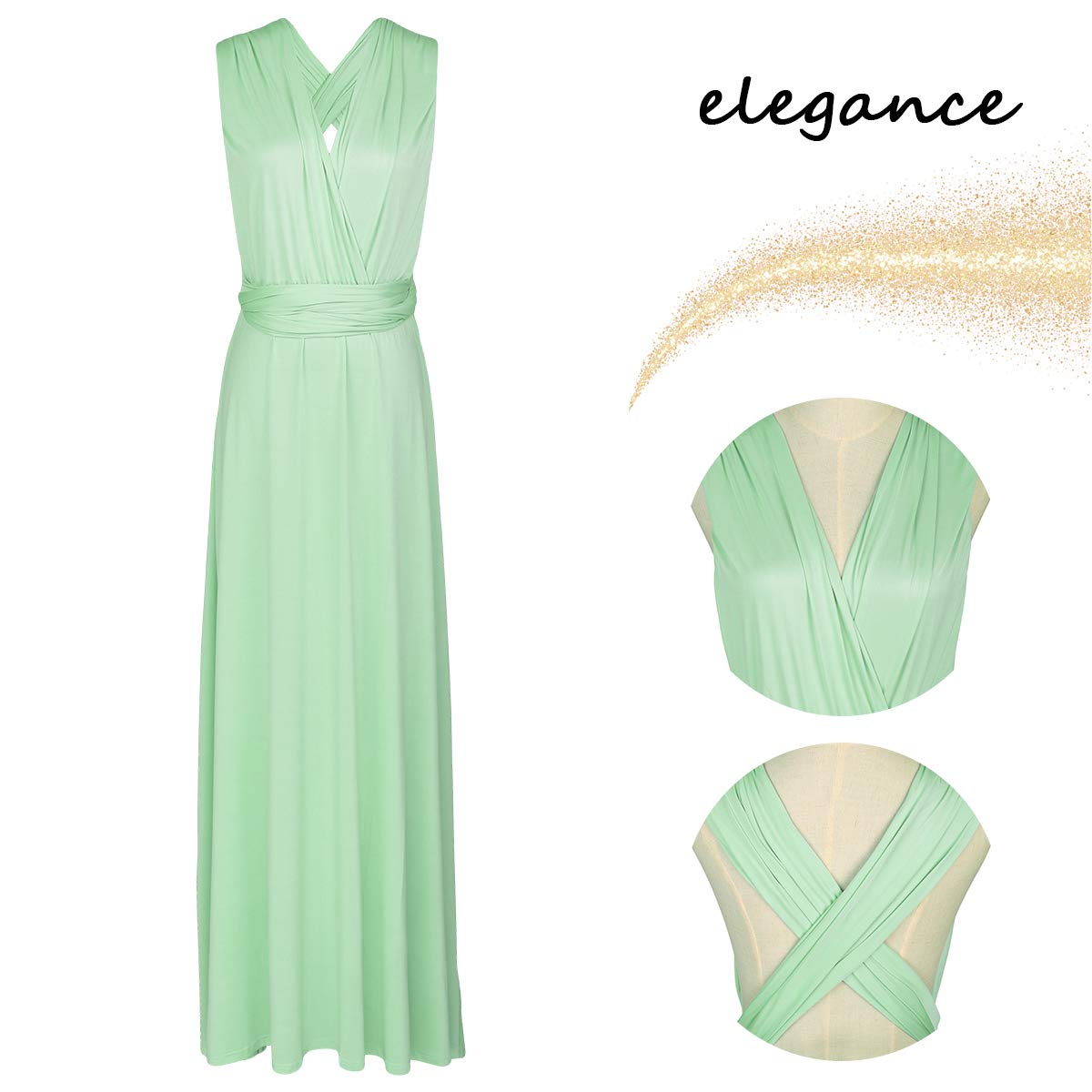 Rochie de seara multifunctionala, lunga pana la podea, de vara, infasurata, cu decolteu in V, verde deschis, M - imagine 3