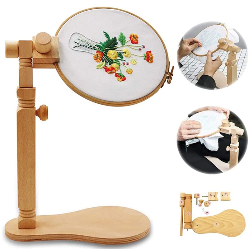 Suport pentru cerc de broderie manuala, din lemn, rotativ, inaltime reglabila (34 - 49cm)