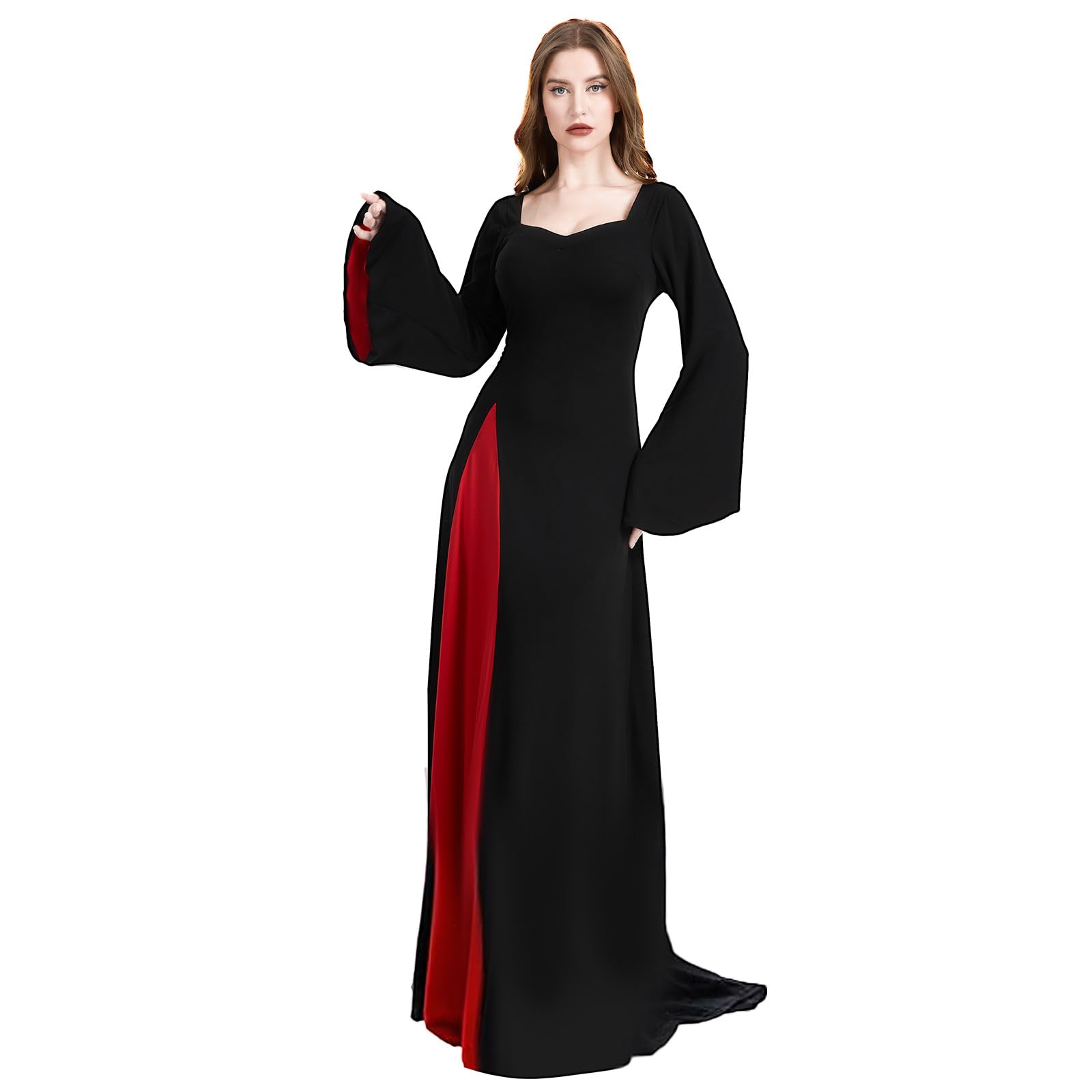 Rochie maxi gotica, cu maneca lunga, captuseala rosie, negru, M