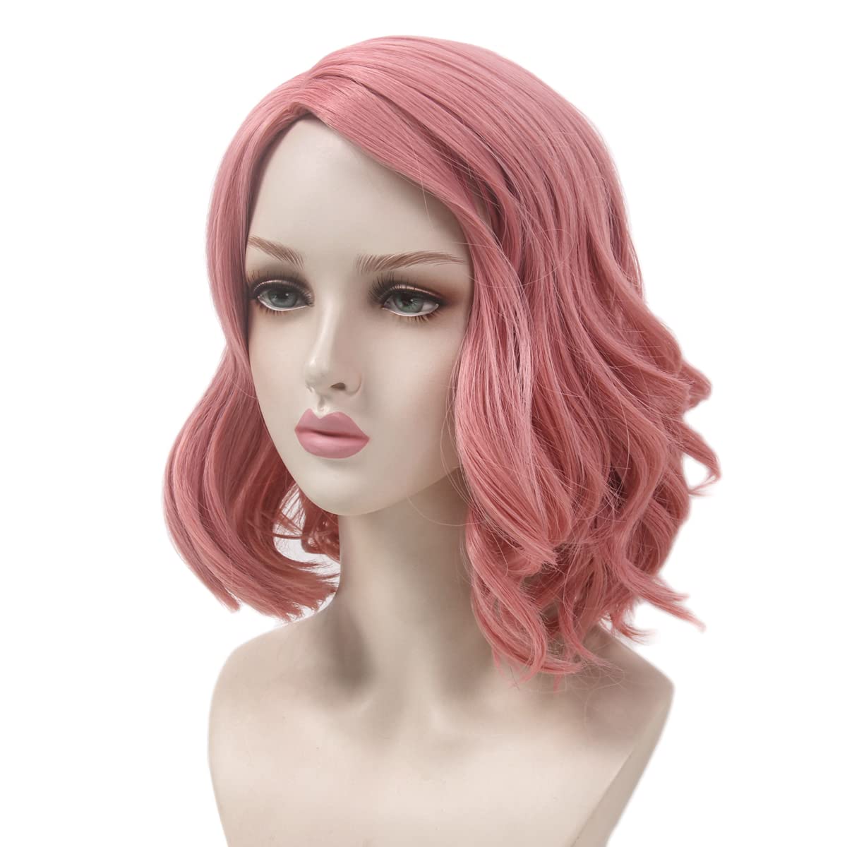 Peruca scurta, ondulata, pentru femei, sintetica, carare laterala, roz, 35cm - imagine 5