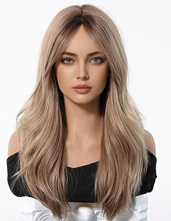 Peruca dreapta, blonda, Ombre, cu breton cortina, par sintetic, 55cm
