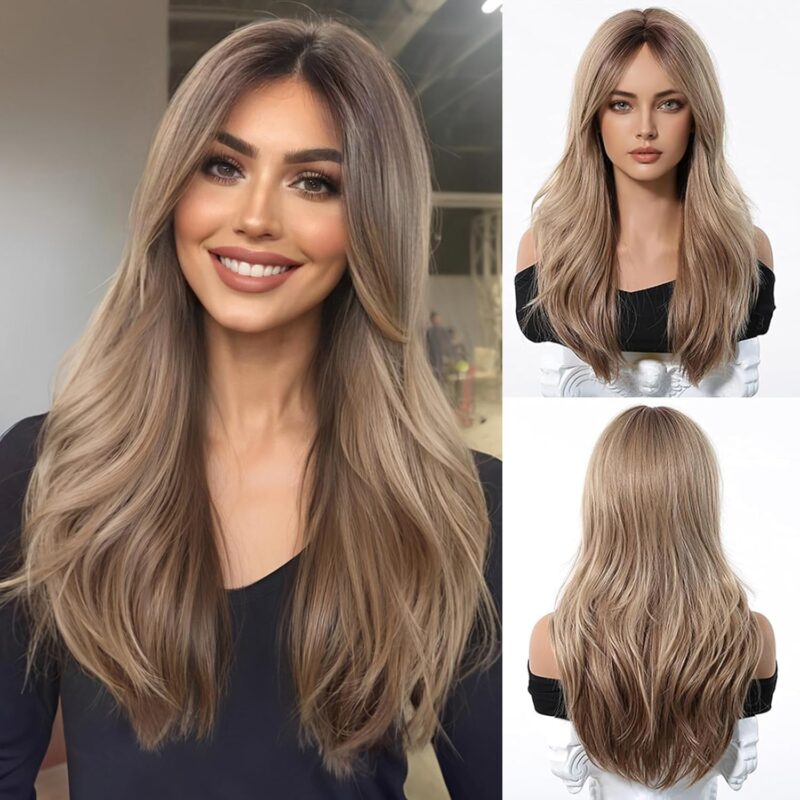 Peruca dreapta, blonda, Ombre, cu breton cortina, par sintetic, 55cm