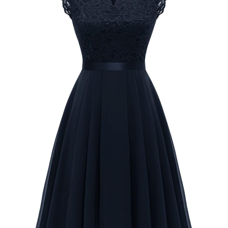 Rochie de seara scurta, din sifon si dantela, pentru femei, bleumarin, L