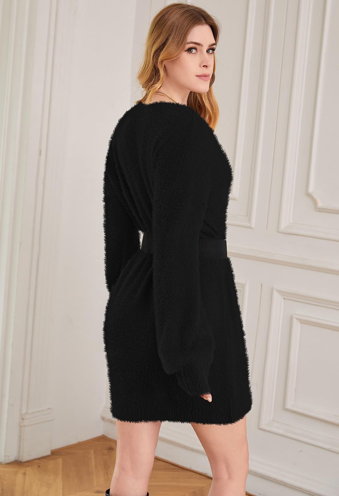 Rochie mini tip pulover, pentru femei, maneci bufante supradimensionate, tricotata, pufoasa, negru, XL - imagine 3