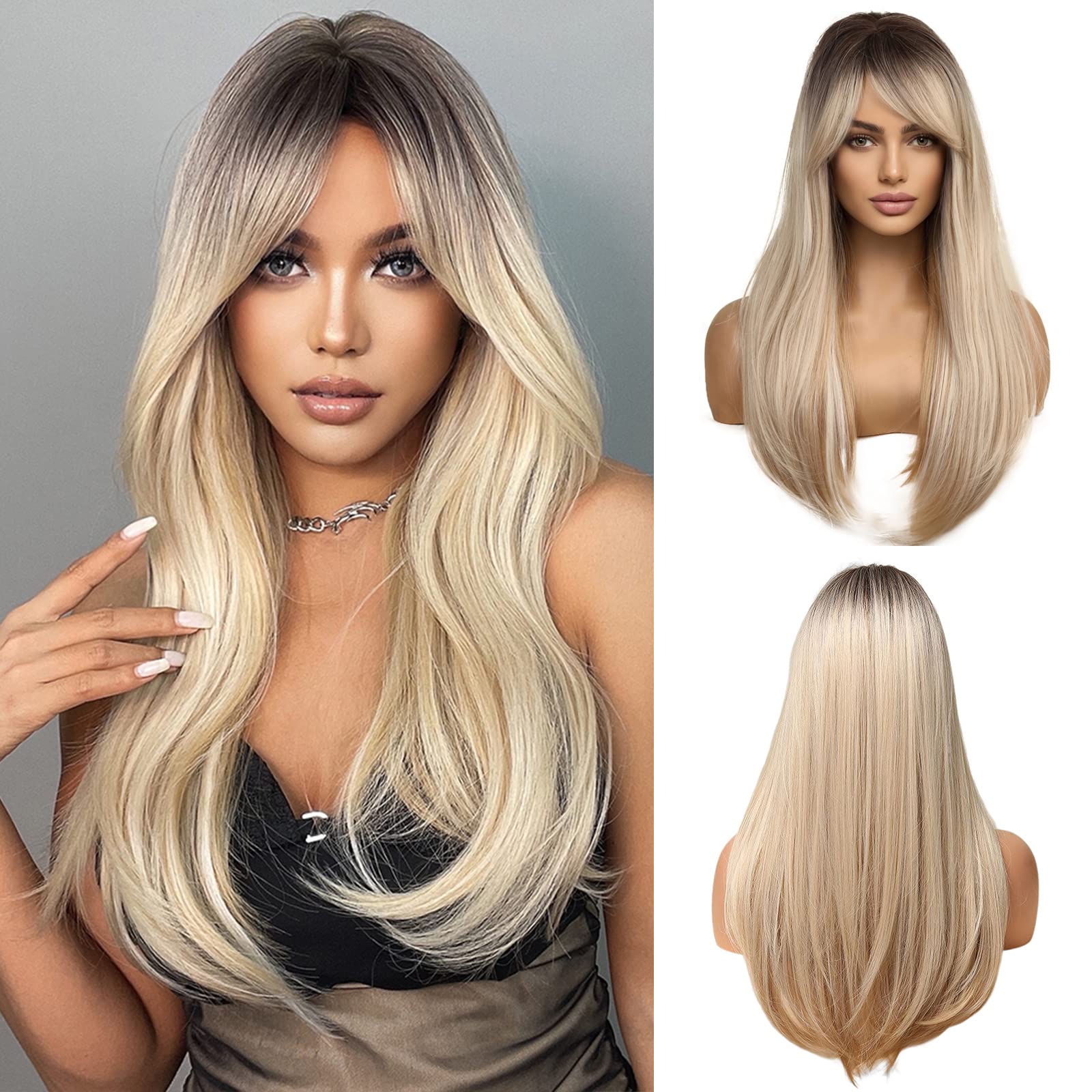 Peruca blonda, lunga, dreapta, 60 cm, cu breton, carare laterala, par sintetic, ombre