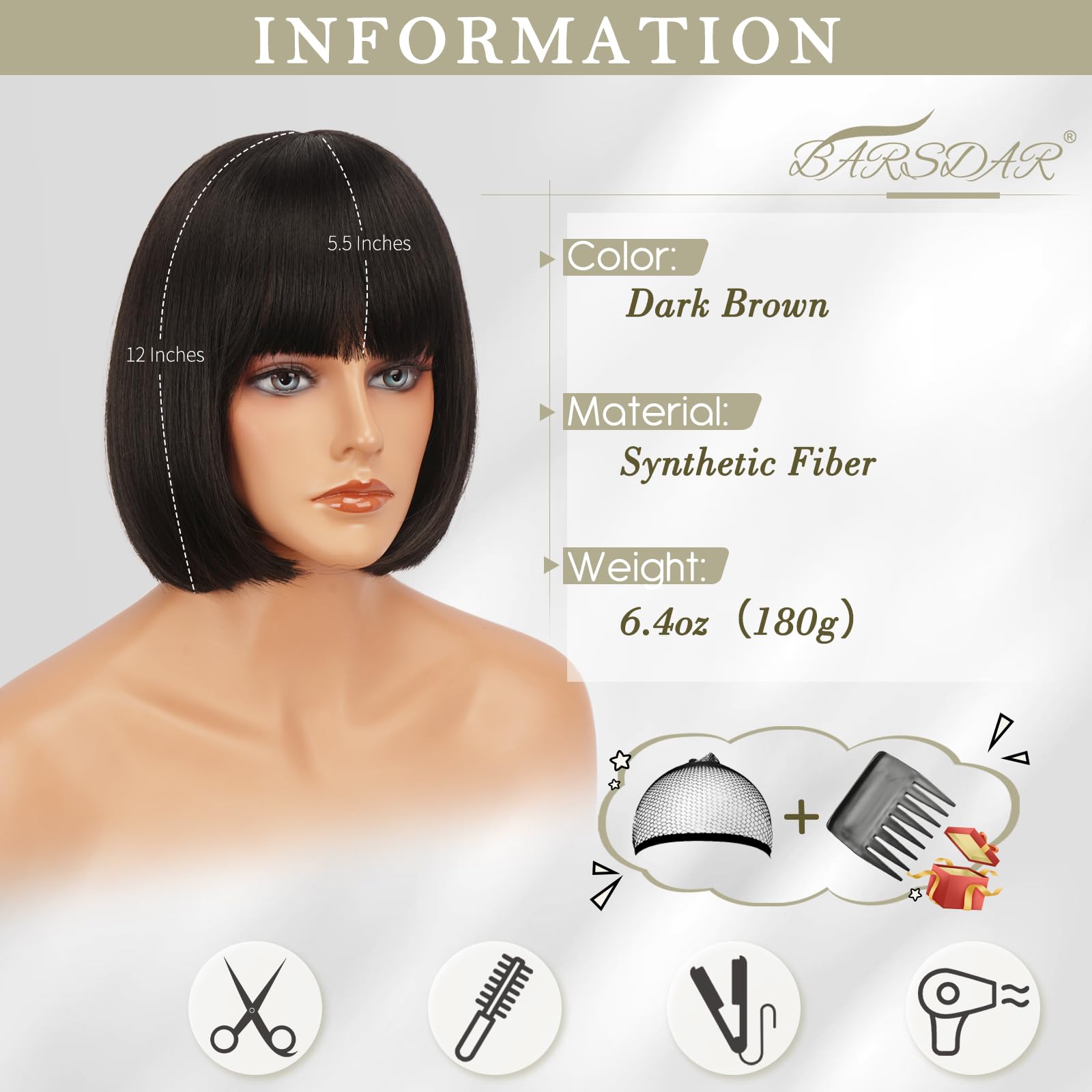 Peruca bob cu breton, 30 cm, par drept sintetic, saten inchis - imagine 2