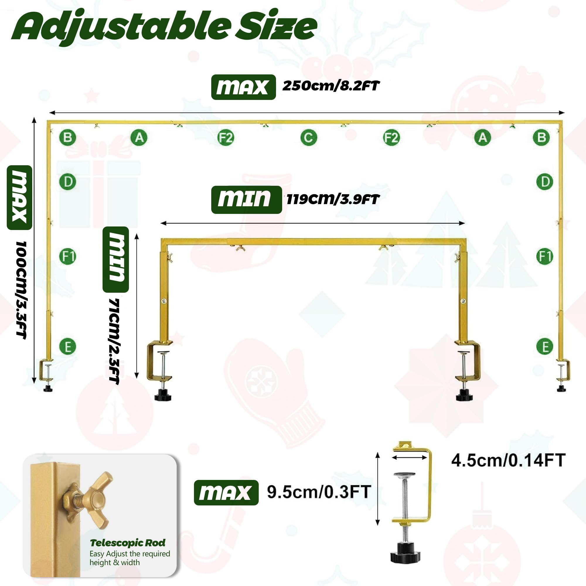 Arcada metalica reglabila, cu cleme, 71 - 108cm inaltime, 73 - 250cm lungime, pentru decorare evenimente, metal auriu - imagine 2