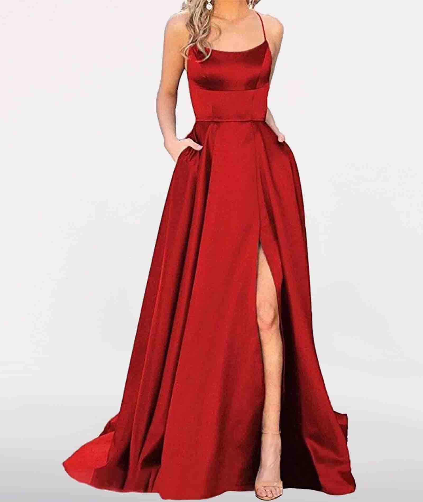 Rochie de seara, eleganta, lunga, cu buzunare, din satin, linie A, fara spate, cu bretele spaghete, rosu, M - imagine 2