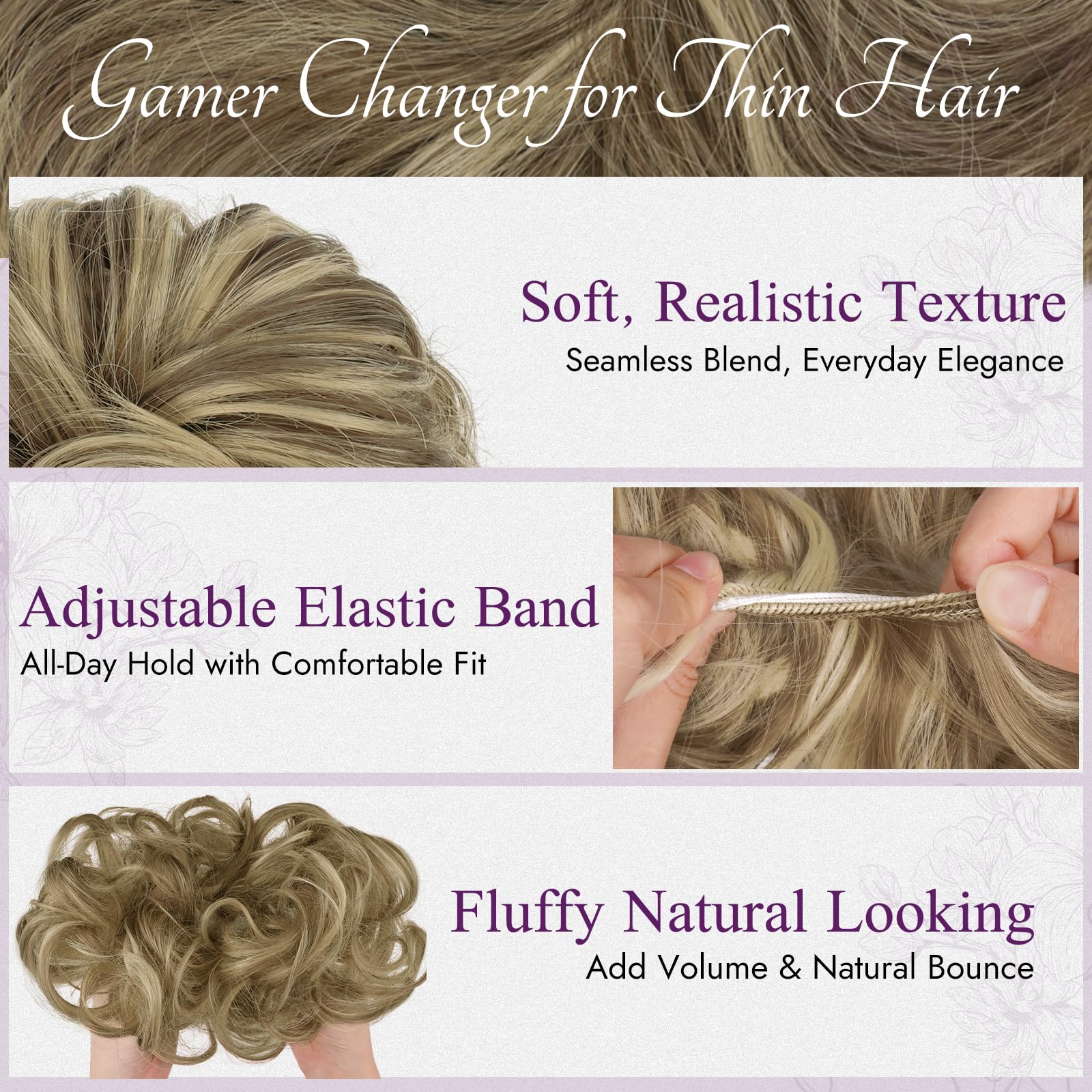 Extensii de par coc dezordonat, cu banda elastica, pentru femei, saten mediu / blond - imagine 4