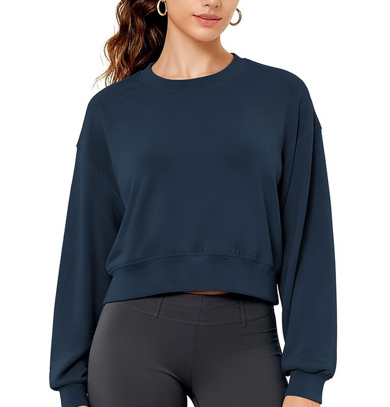 Top scurt pentru femei, maneca lunga, supradimensionat, respirabil, cu guler rotund si umeri cazuti, albastru inchis, XL