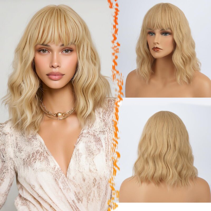 Peruca cu breton, ondulata, sintetica, blond platinat, 35cm