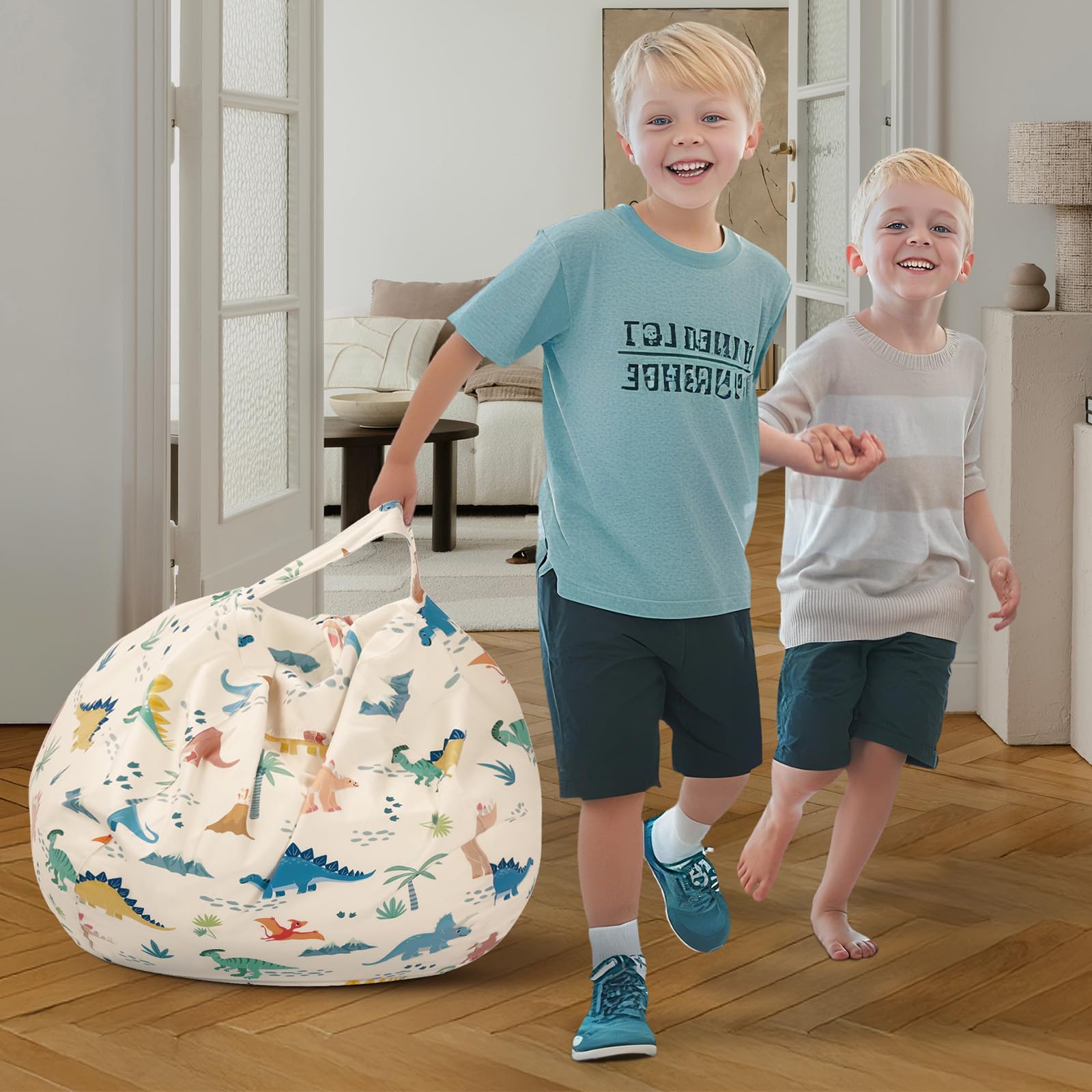 Husa pentru fotoliu tip bean bag, pentru copii, pentru depozitarea animalelor de plus, bej, printuri cu dinozauri - imagine 5