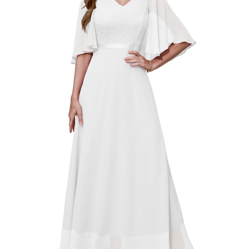 Rochie de seara, lunga, eleganta, din sifon, decolteu in V, maneci capa 1/2, alb, M