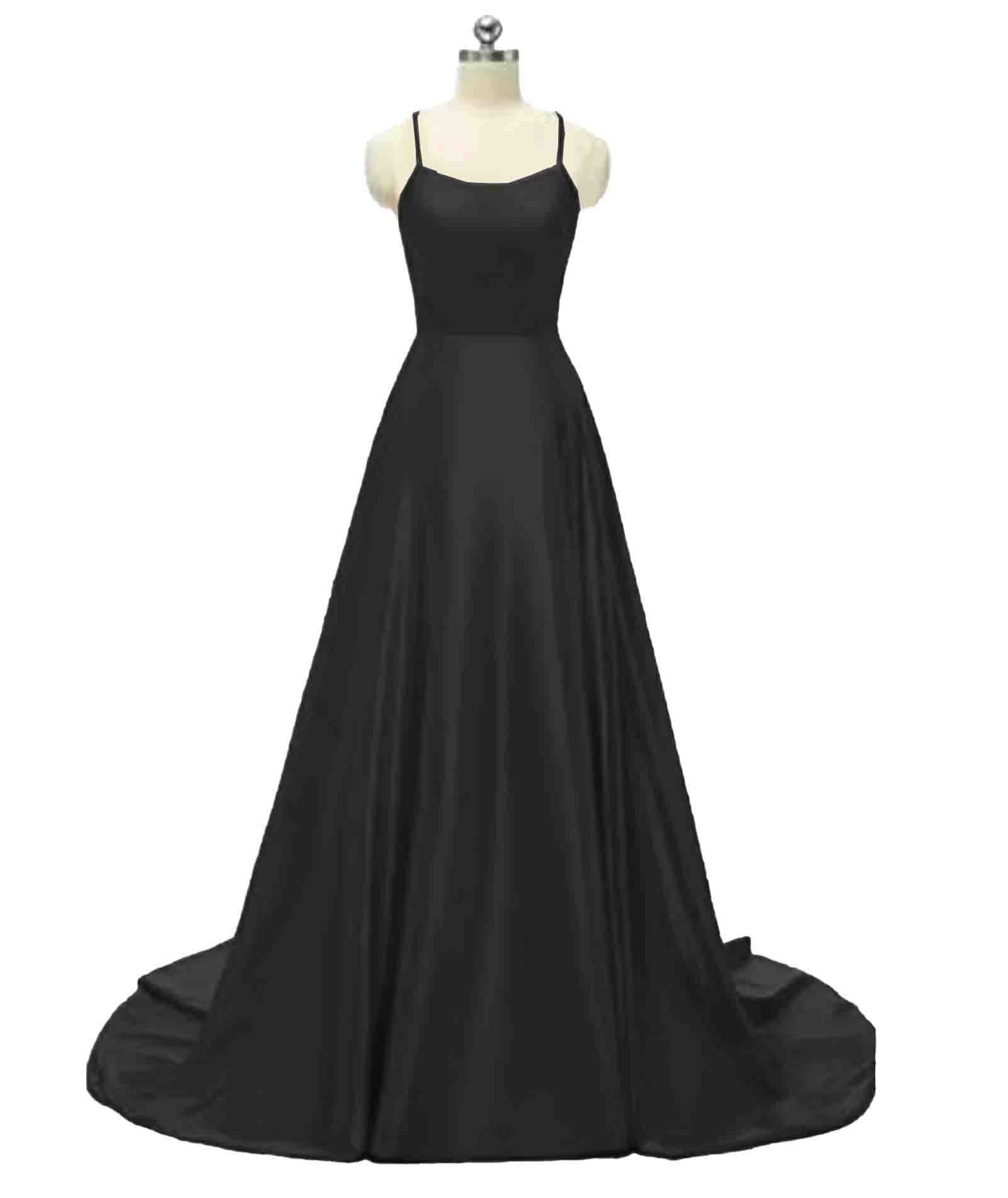Rochie de bal lunga, eleganta, cu buzunare, din satin, linie A, bretele spaghete, negru, S - imagine 3