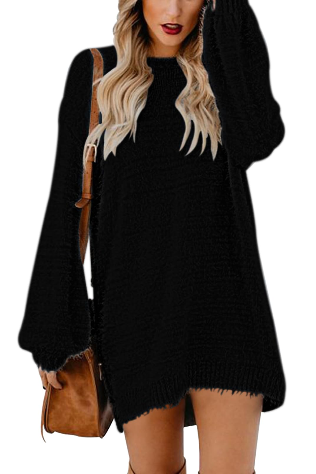Rochie mini tip pulover, pentru femei, maneci bufante supradimensionate, tricotata, pufoasa, negru, XL - imagine 5