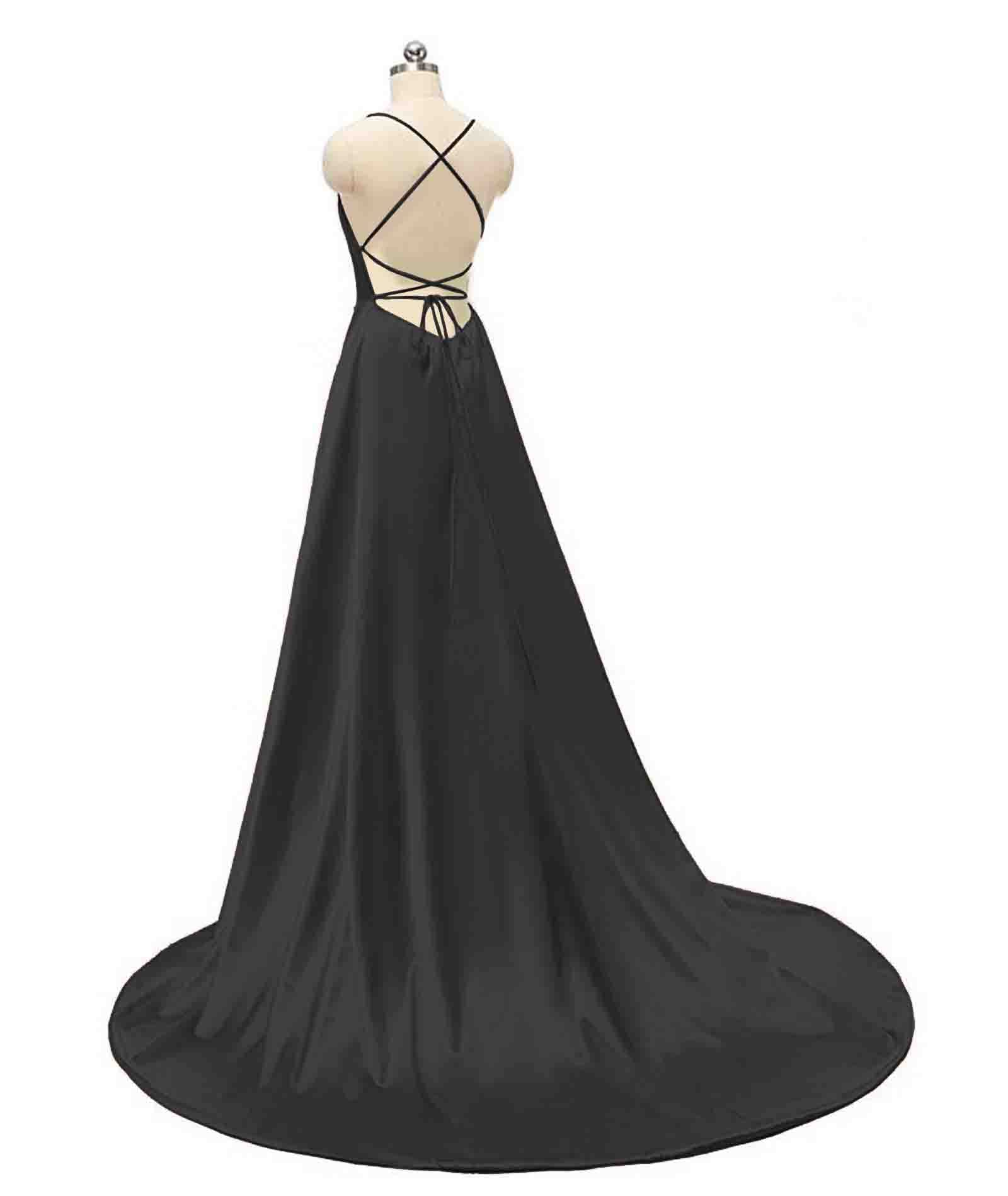 Rochie de bal lunga, eleganta, cu buzunare, din satin, linie A, bretele spaghete, negru, S - imagine 5