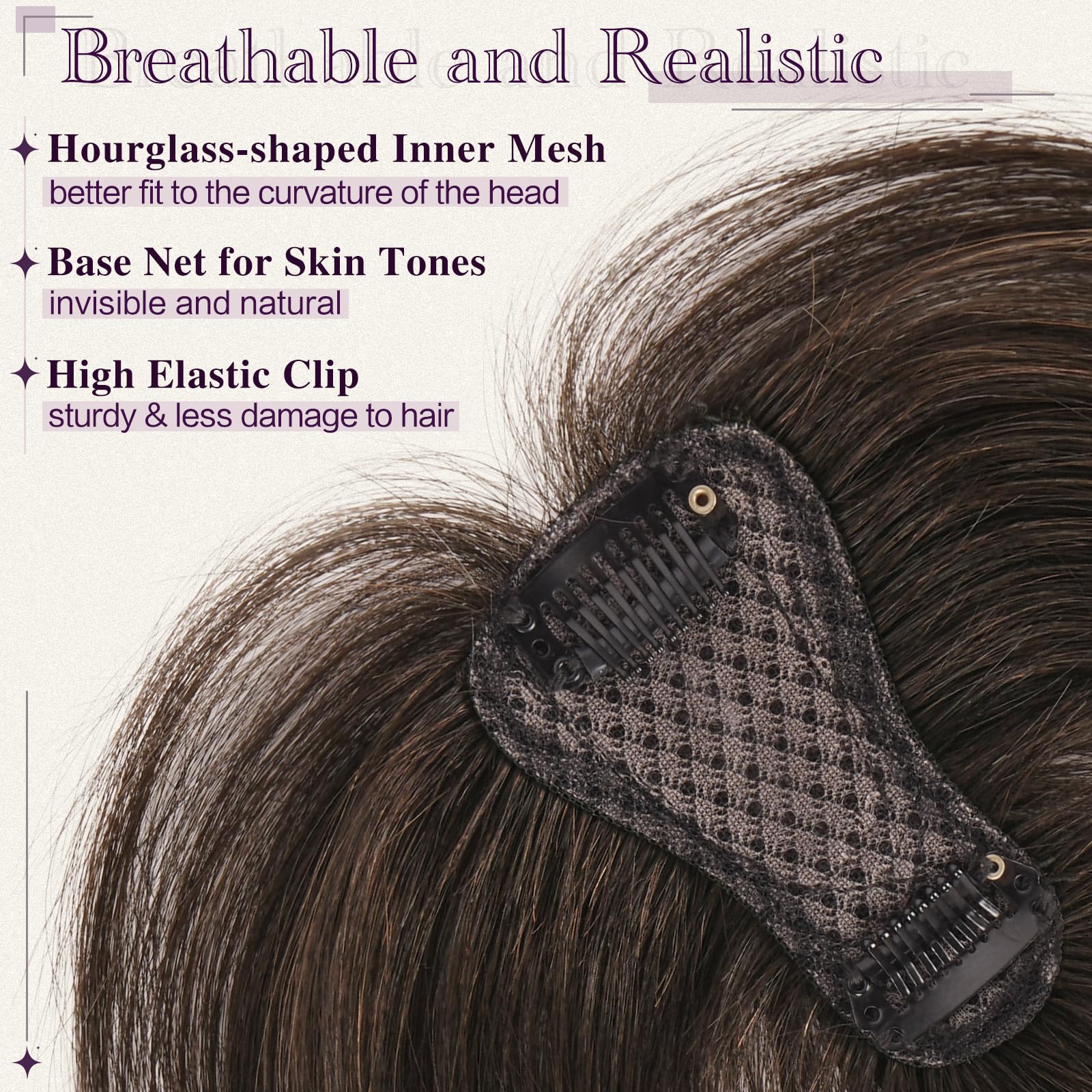 Topper pentru femei, din par natural, castaniu inchis cu 15% blond cacao inchis, cu clips, fara breton - imagine 3