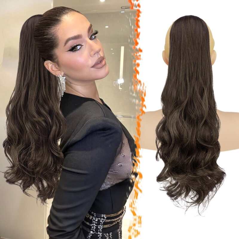 Extensie de par coada de cal, 50 cm, ondulata, cu clips, maro