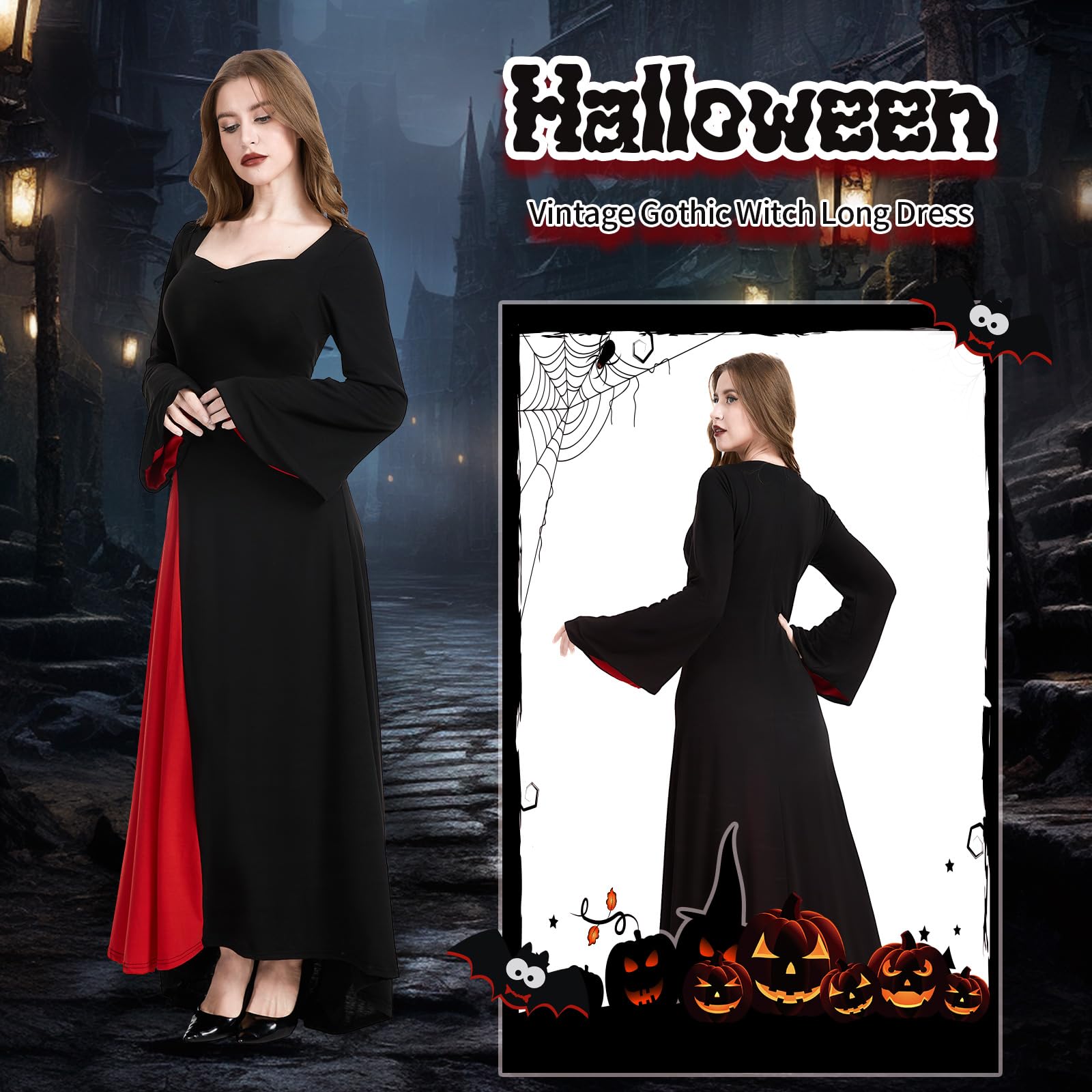 Rochie maxi gotica, cu maneca lunga, captuseala rosie, negru, M - imagine 5