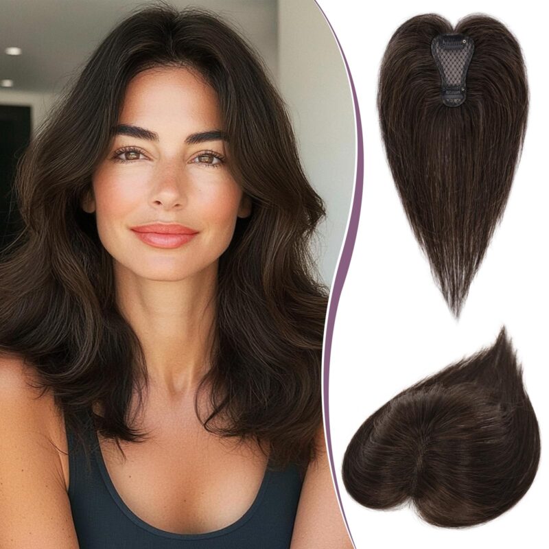 Topper pentru femei, din par natural, castaniu inchis cu 15% blond cacao inchis, cu clips, fara breton