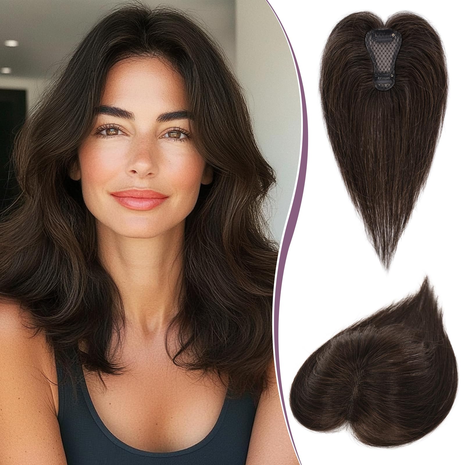 Topper pentru femei, din par natural, castaniu inchis cu 15% blond cacao inchis, cu clips, fara breton