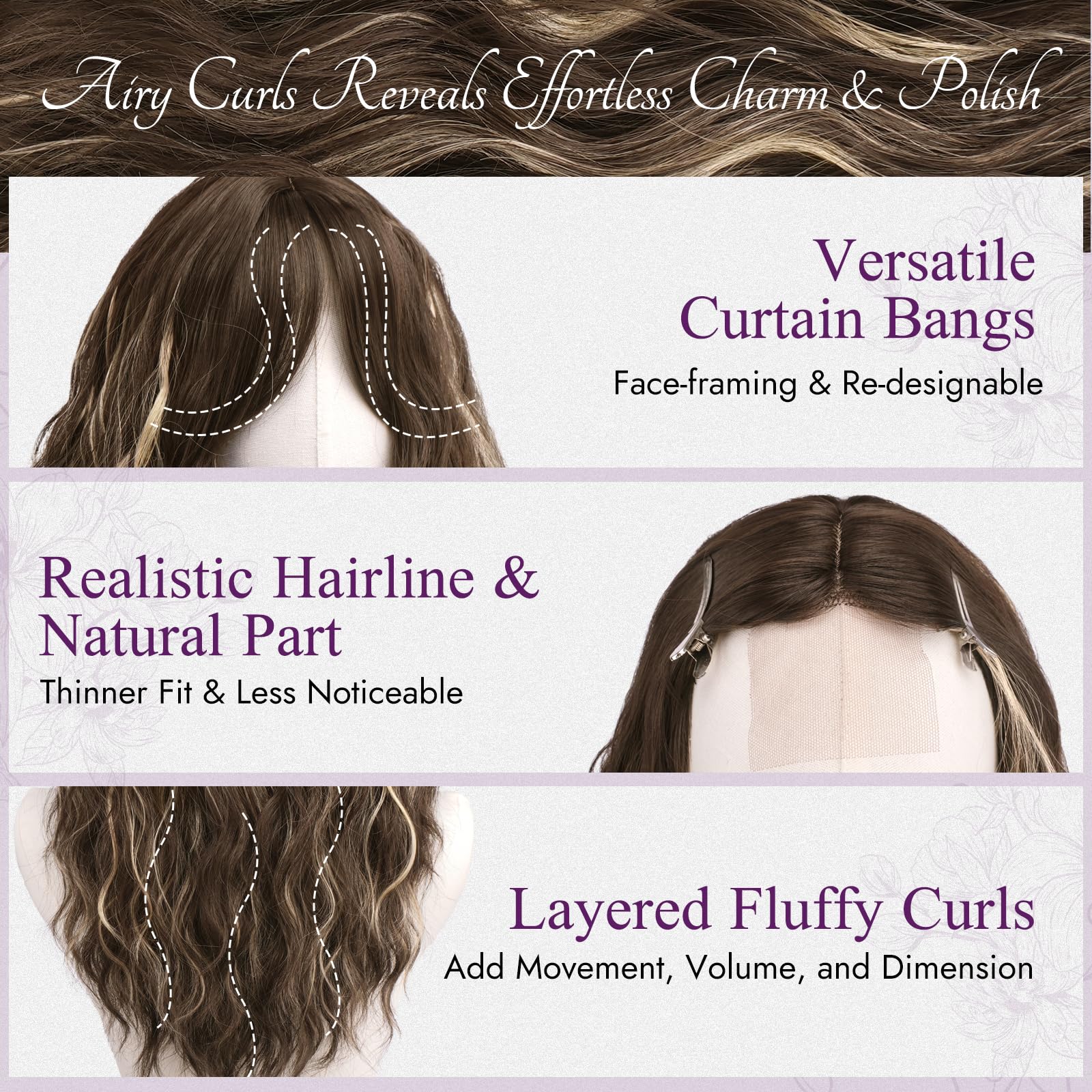 Peruca ondulata, creata, balayage, 50 cm, breton mediu, sintetica, blonda - imagine 3
