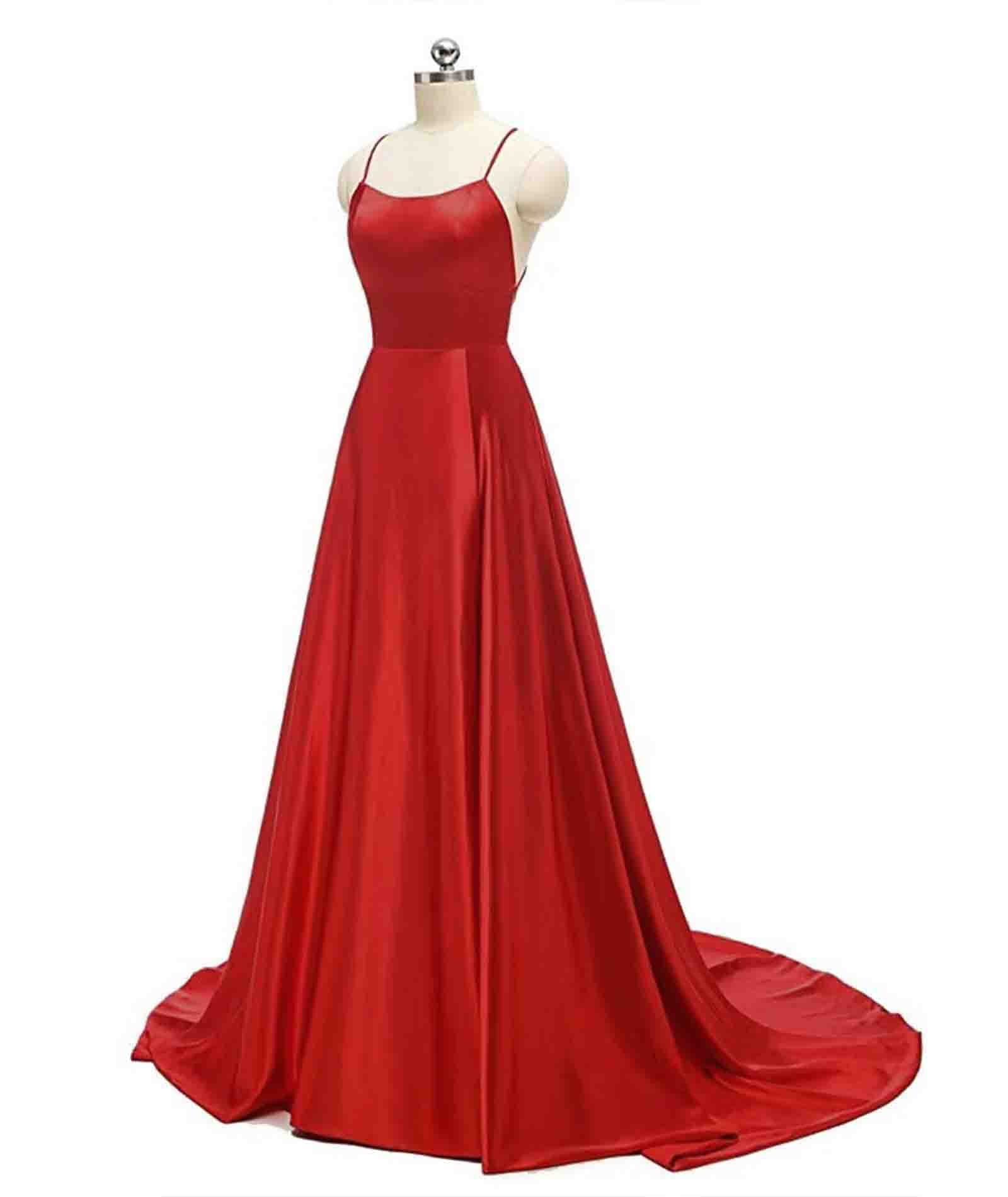 Rochie de seara, eleganta, lunga, cu buzunare, din satin, linie A, fara spate, cu bretele spaghete, rosu, M - imagine 4